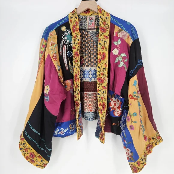 Johnny Was Floral Embroidered Silk Open Front Kimono Cardigan - Picture 1 of 16